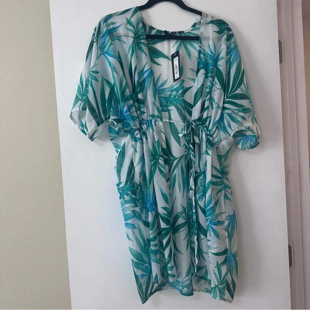 Portocruz Tropical Beach Pool Cover Up Kimono White Blue Green Size L NWT - Picture 1 of 6
